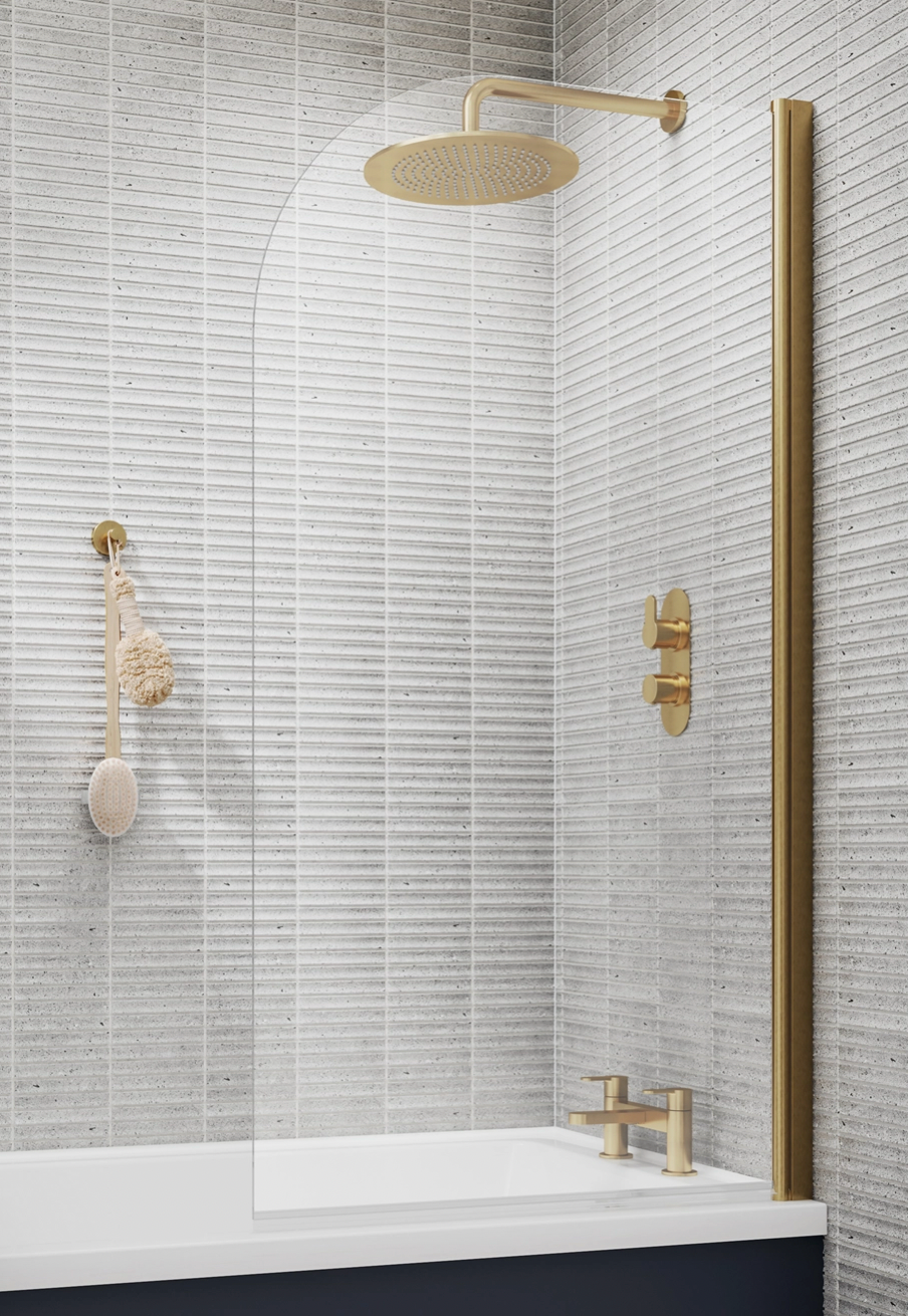 Vellamo Brushed Brass Curved Corner Single Hinged Bath Screen - 1435 x 775mm