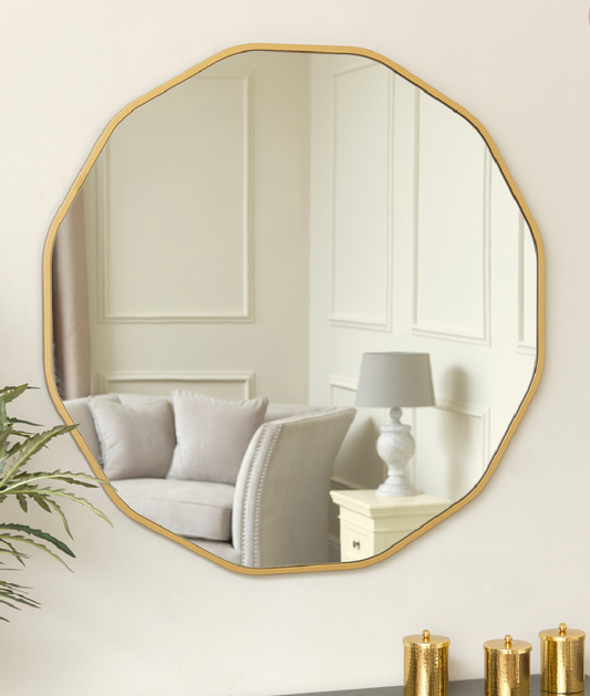 LARGE ROUND GOLD SCALLOPED WALL MIRROR 90CM X 90CM