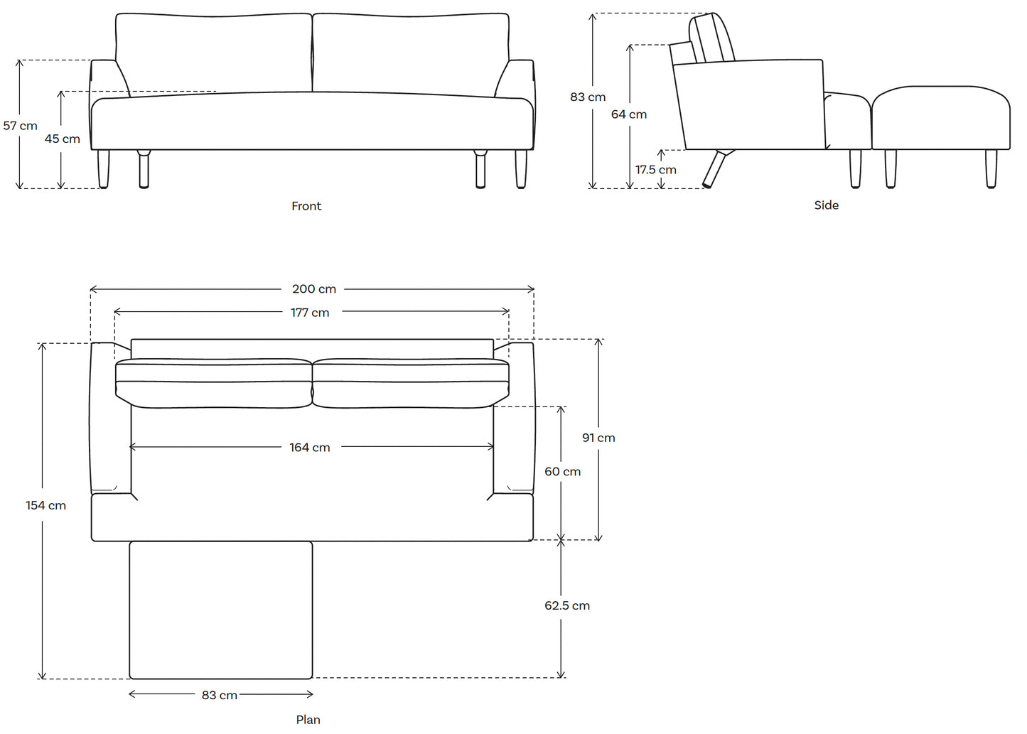 Model 05 - 3 Seater Left Chaise - Linen  Pumice, 83x200x91cm
