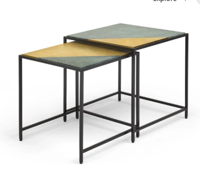 Elnaz Set of 2 Nesting Side Tables, Brass and Green Marbles, 46x46x46cm