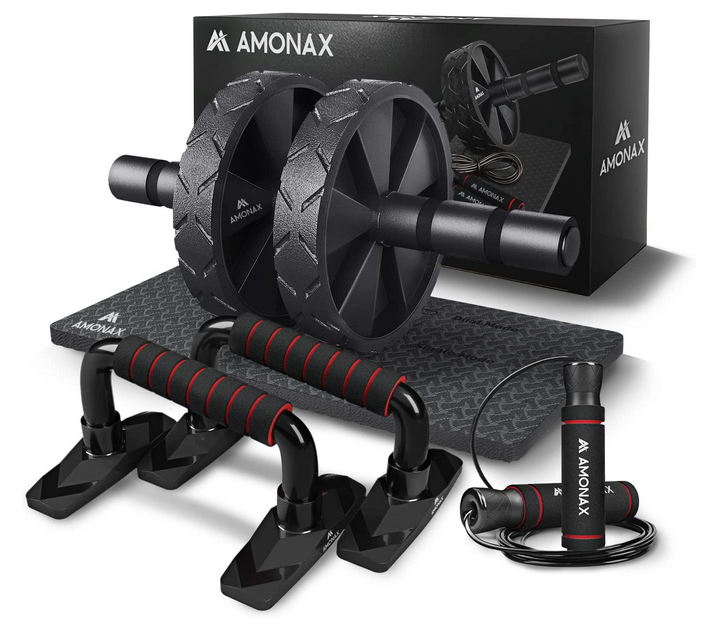 Amonax Gym Equipment (Ab Roller Wheel Set, Skipping Rope, Push-up Handles)