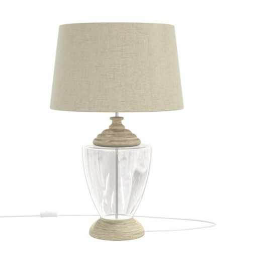 Glass Table Lamp with Linen Shade and Wooden Base - Sussex