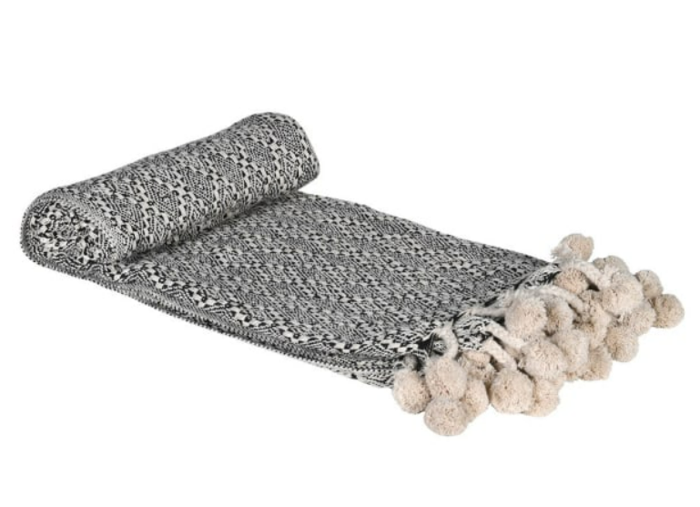 Black and White Pattern Throw with Pom Poms