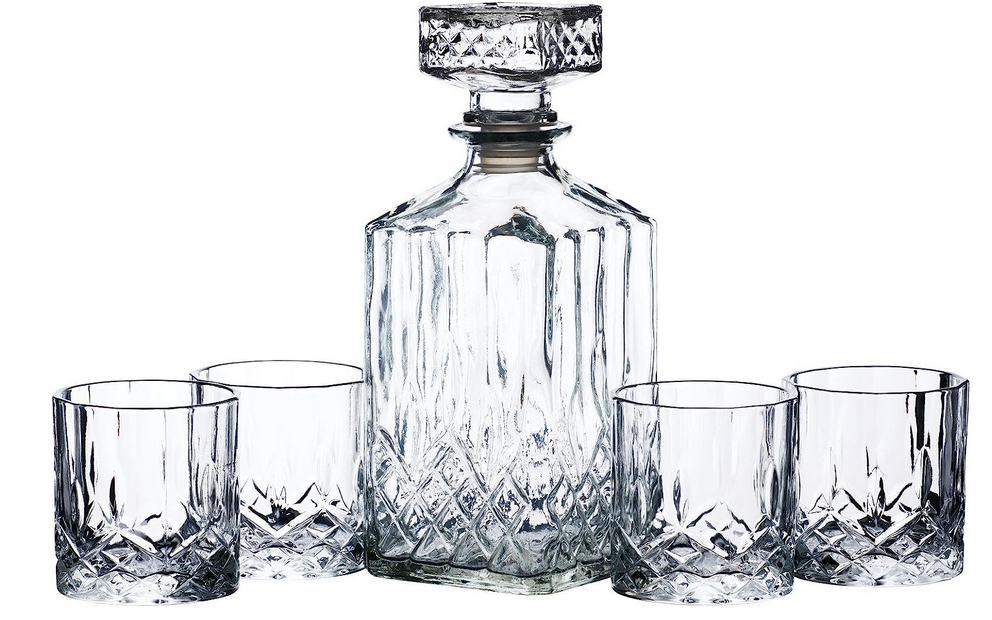 BarCraft Whisky Decanter and Glass Gift Set, Cut Glass 5-piece Set, 900ml Decanter with Silicone Seal Stopper and 4x Tumblers, 26 x 10 x 24cm