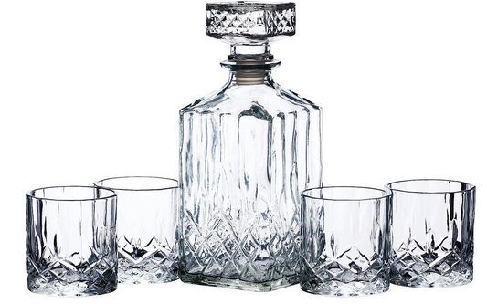 BarCraft Whisky Decanter and Glass Gift Set, Cut Glass 5-piece Set, 900ml Decanter with Silicone Seal Stopper and 4x Tumblers, 26 x 10 x 24cm