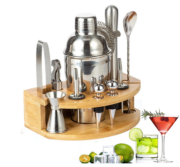 Cocktail Shaker Set with Wooden Stand, 12Pcs Cocktail Shaker Bartender Kit, 25oz Martini Shaker Set with Accessories, Professional Bartender Drink Making Tools, Perfect Bartender Kit for Home Bar