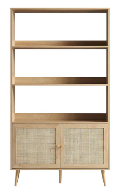 Frances Woven Rattan Tall Bookcase with Doors, Natural, 100x29.5x180cm