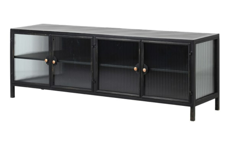 Black and Ribbed Glass Metal 4 Door Entertainment Unit, 56x160x42cm