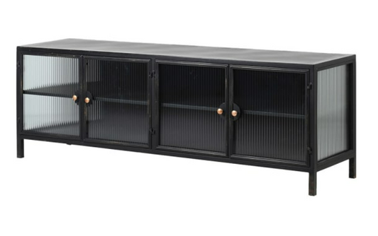 Black and Ribbed Glass Metal 4 Door Entertainment Unit, 56x160x42cm