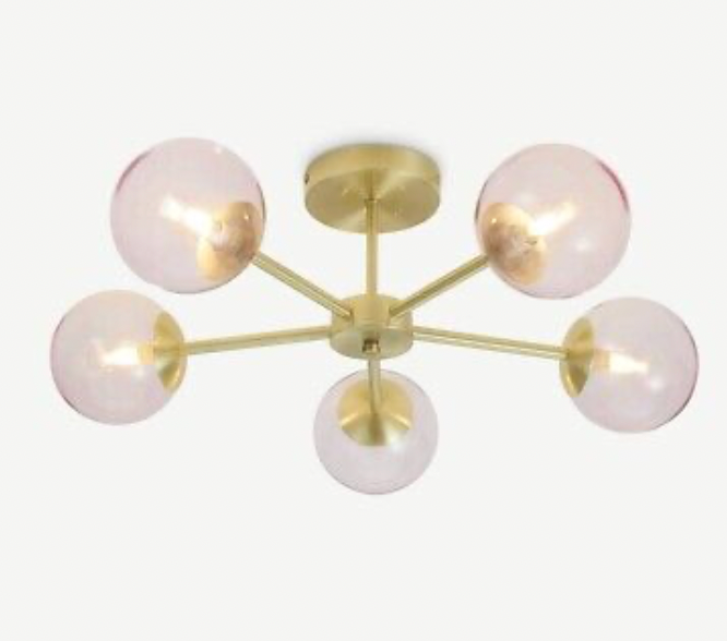 Globe Large Flush Pendant, Brushed Brass and Blush Pink Glass, 20.5x59.5x59.5cm