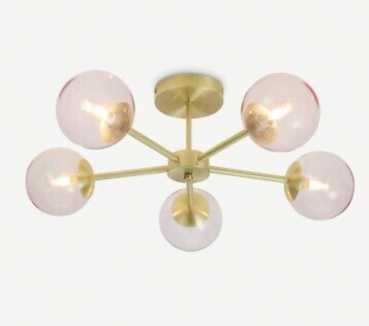 Globe Large Flush Pendant, Brushed Brass and Blush Pink Glass, 20.5x59.5x59.5cm