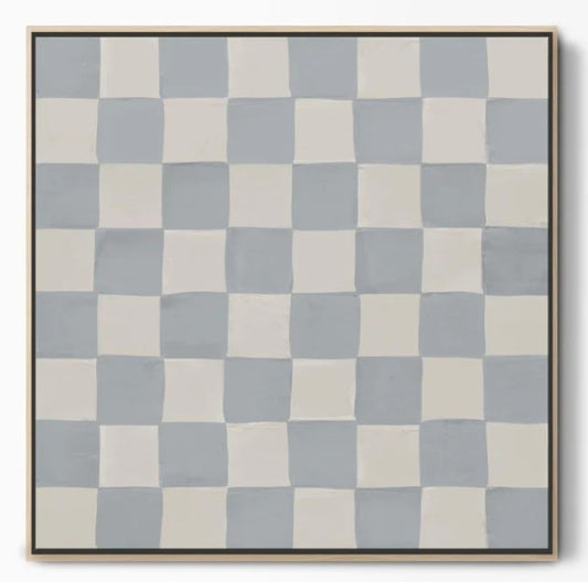 Blue Checkerboard Framed Canvas Art - 81x81cm / Natural