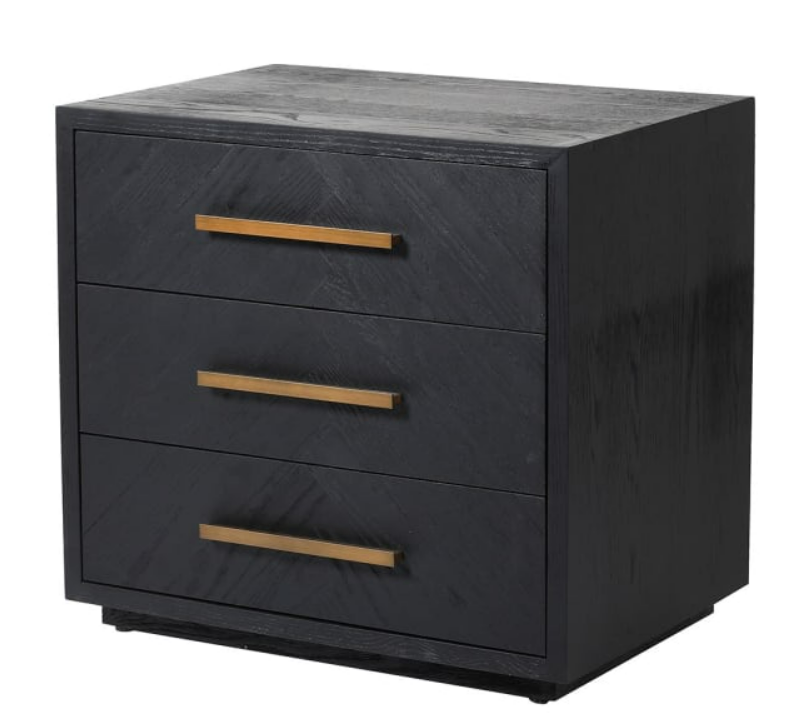 Black 3 Drawer Bedside with Brass Handles, 61x65x45cm