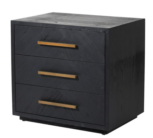 Black 3 Drawer Bedside with Brass Handles, 61x65x45cm