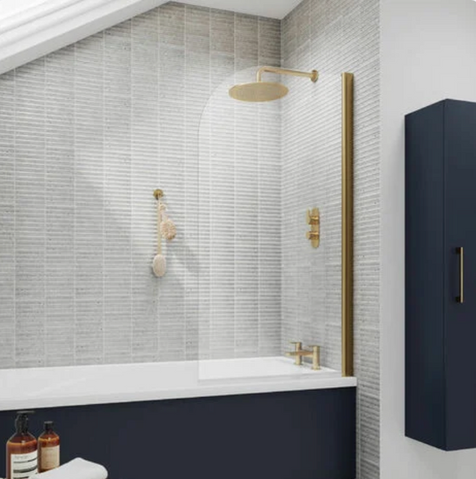 Nuie Pacific Brushed Brass Profile Round Top Hinged Bath Screen 1430mm H x 790mm W - 6mm Glass