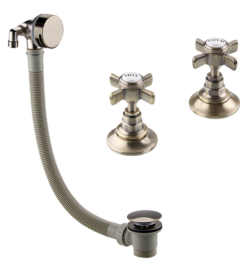 Chatsworth 1928 Antique Brass Overflow Bath Filler With 3/4" Deck Bath Side Valves (Pair)