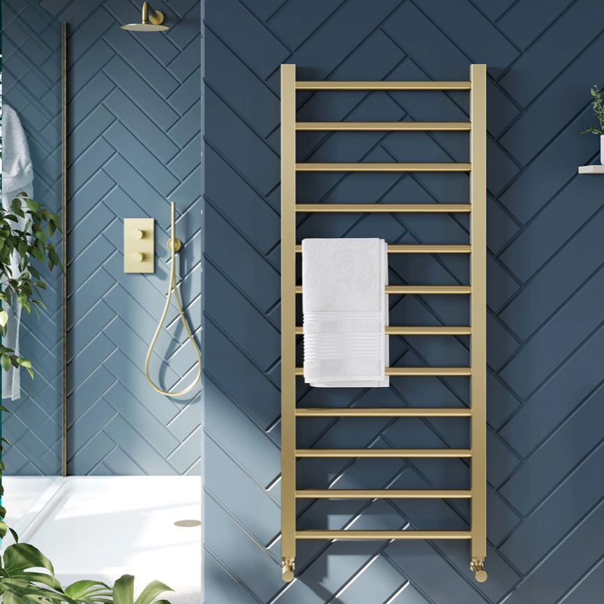 Brenton Etna Brushed Brass Heated Ladder Towel Rail - 1200x500mm