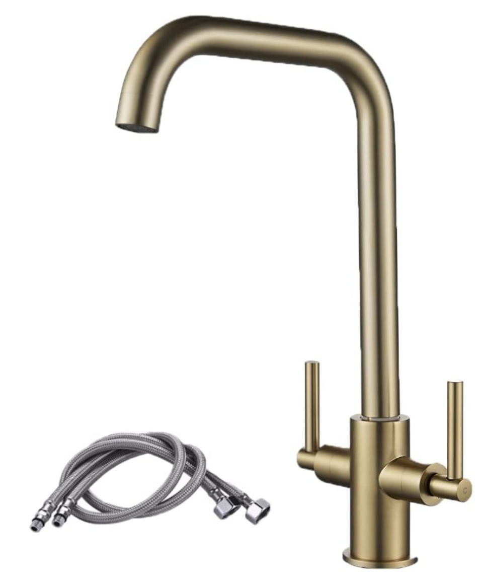 Luckyhome Kitchen Mixer Taps,Monobloc Dual Lever Chrome Brass Kitchen Sink Tap Faucet（Gold