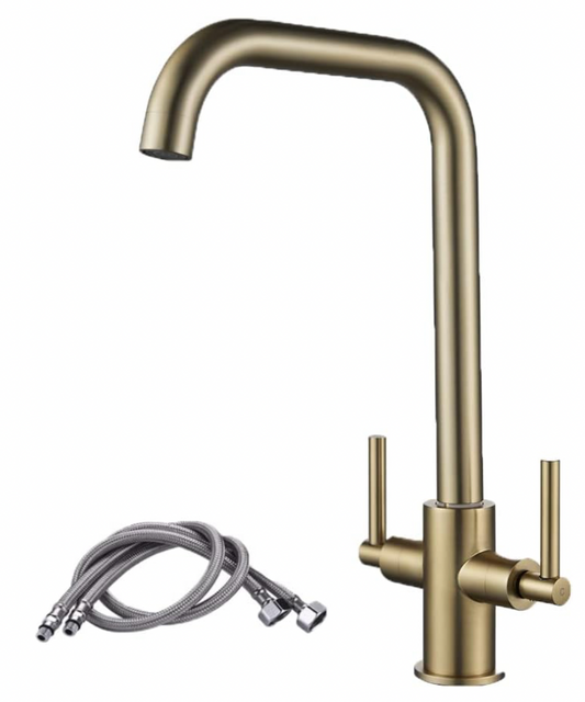 Luckyhome Kitchen Mixer Taps,Monobloc Dual Lever Chrome Brass Kitchen Sink Tap Faucet（Gold