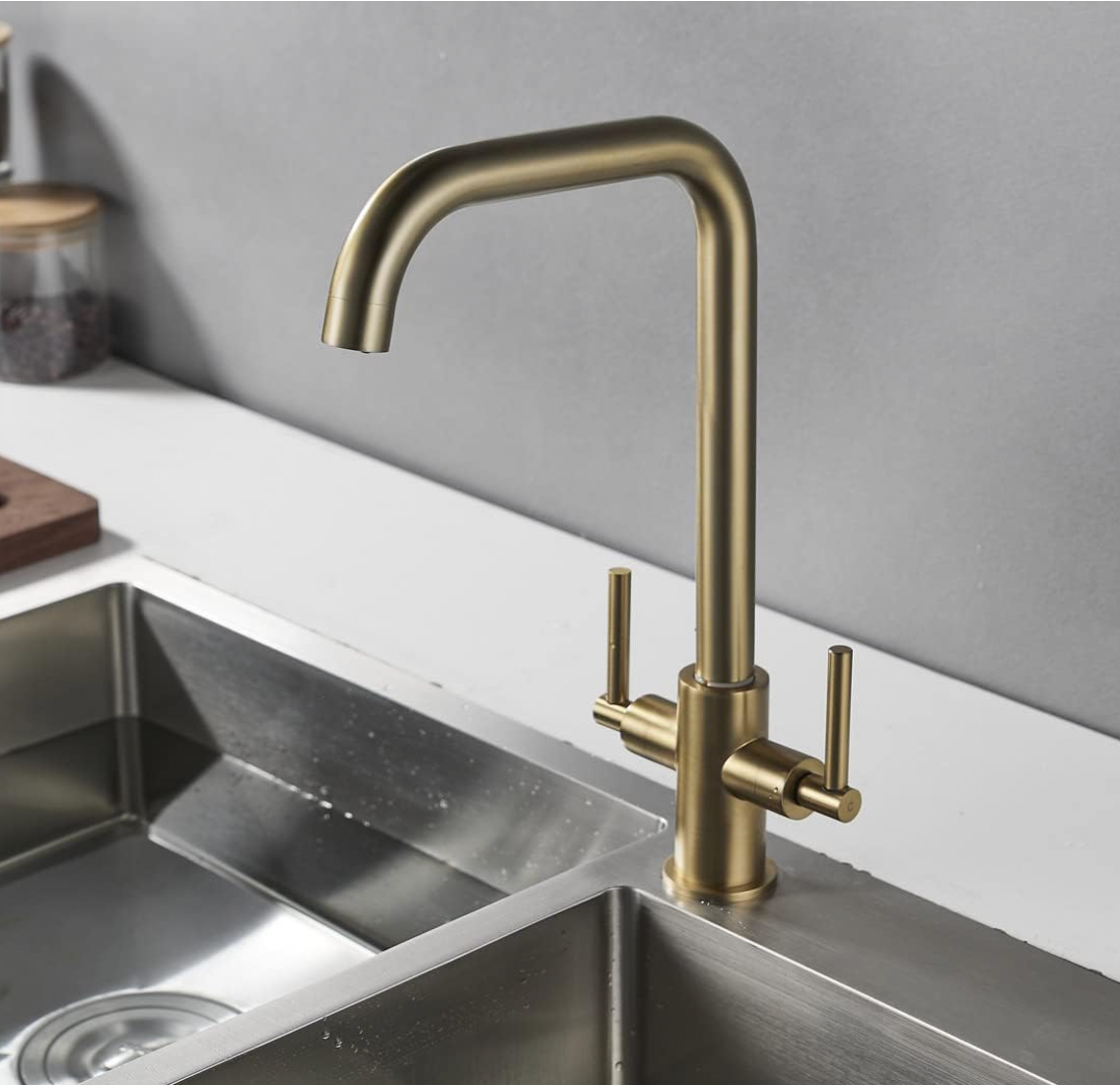 Luckyhome Kitchen Mixer Taps,Monobloc Dual Lever Chrome Brass Kitchen Sink Tap Faucet（Gold