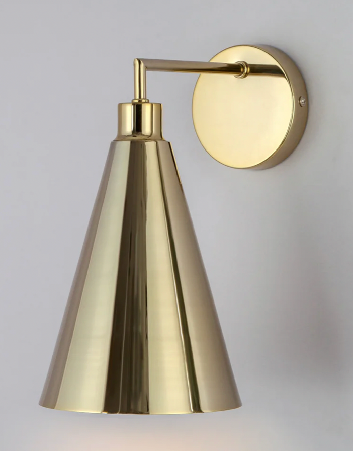 Brass cone shade wall light
