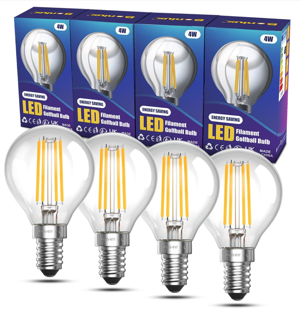 Bonlux Filament LED Globe Bulb E14 Dimmable 4W Warm White 2700K, SES LED Filament Bulb LED Golf Ball Bulbs Small Screw Base Dimmable Clear Classic Vintage Lights,35W-40W Halogen Bulb Replacement 4pcs