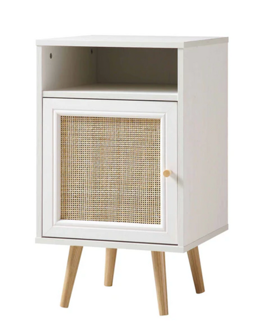 Frances Woven Rattan 1-Door Bedside Table in White, 40x39x69cm