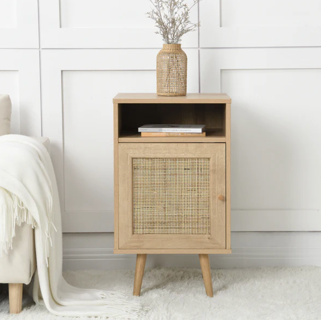 Frances Woven Rattan 1-Door Bedside Table in Natural, 40x39x69cm
