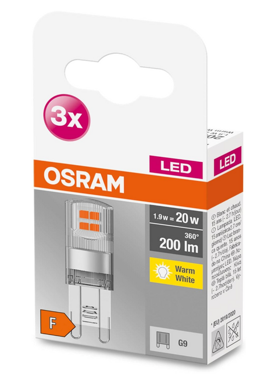 OSRAM BASE LED PIN with G9 socket, 1.90 W, replacement for 20W light bulb, clear, warm white (2700K), pack of 3