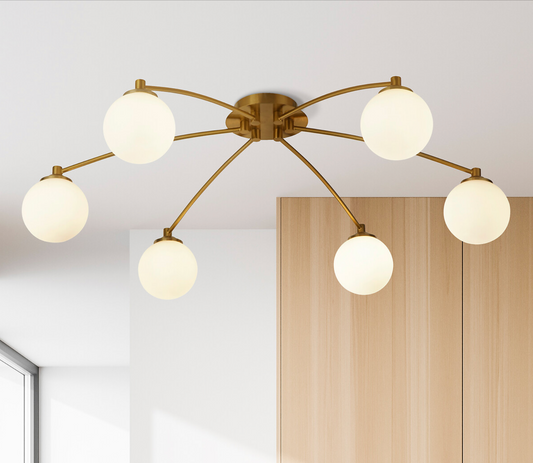 OPAL AND BRASS 6 LIGHT SEMI FLUSH CEILING LIGHT