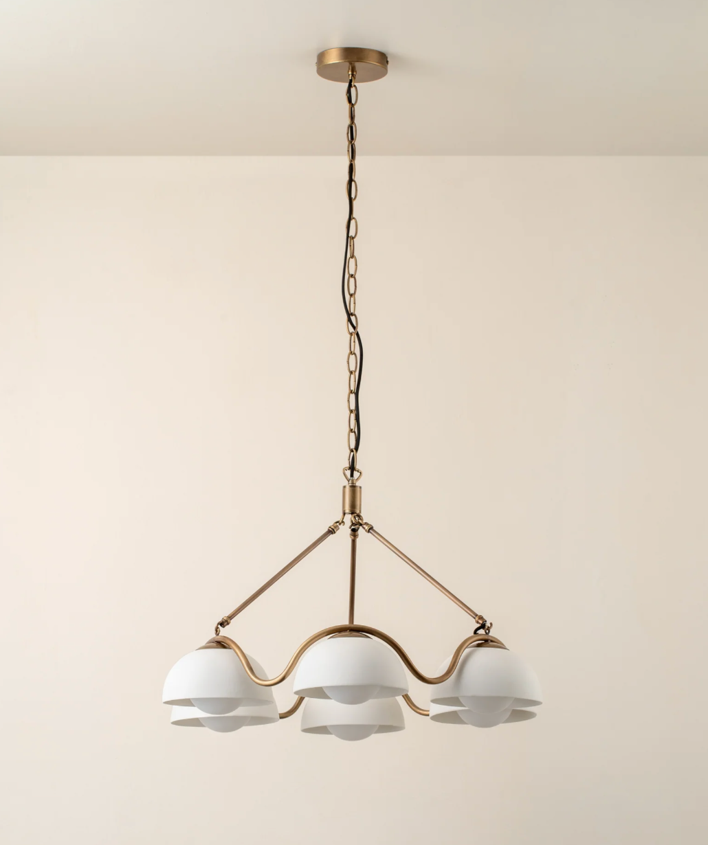 Waverly - 6 light aged brass and white porcelain pendant
