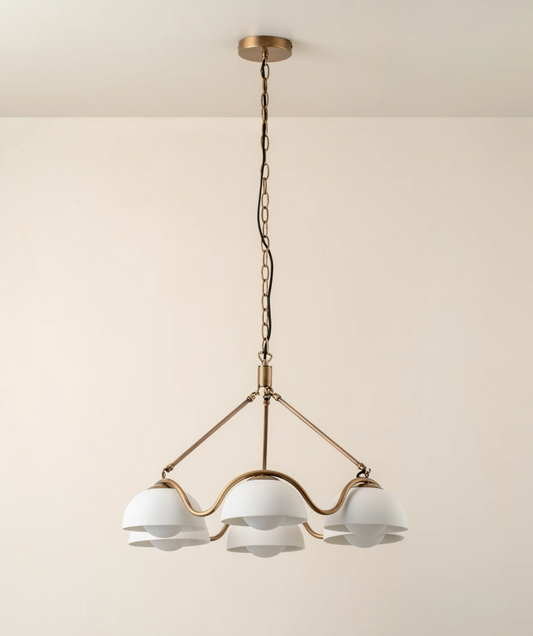 Waverly - 6 light aged brass and white porcelain pendant
