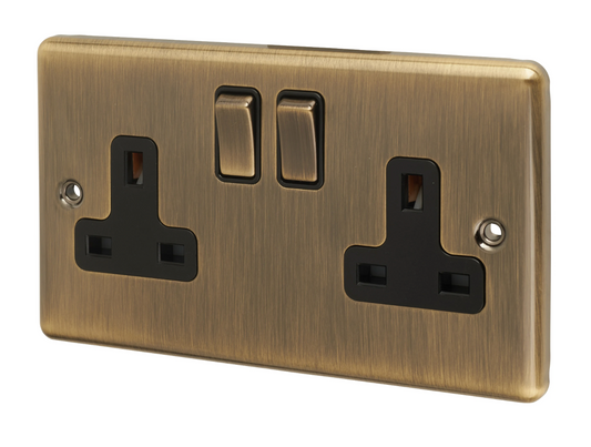 Eurolite Enhance Decorative 13A 2 Gang DP Switched Socket - Antique Brass with Black Inserts