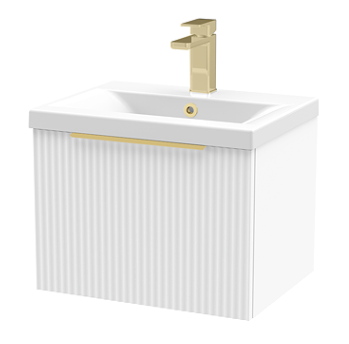 Venice Fluted 500mm White Vanity Unit - Wall Hung Single Drawer Unit with Brushed Brass Handle
