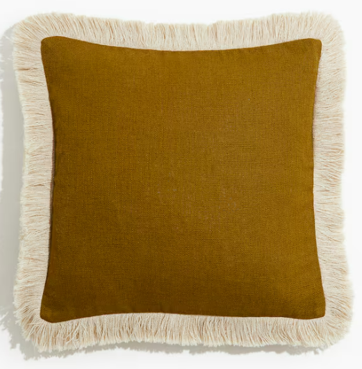 Fringed linen-blend cushion cover, Olive green/Light beige