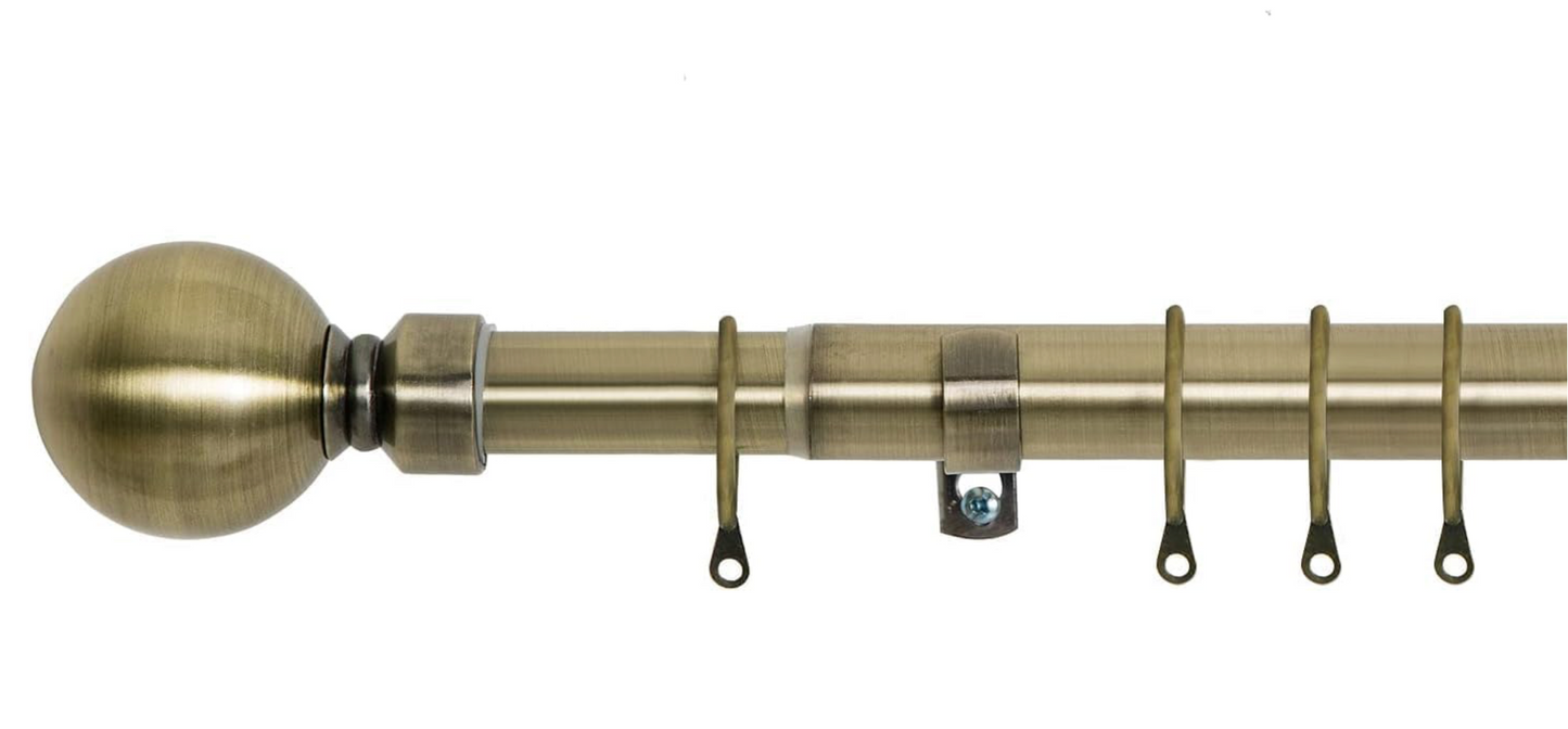 Yorkshire Bedding Curtain Poles Metal Extendable Plain Ball Curtain Pole Set Includes Adjustable Curtain Rod, 60mm Finial, Rings, Brackets and Fittings Set (Antique Brass, 160-300 Cm, 63-118 Inches)