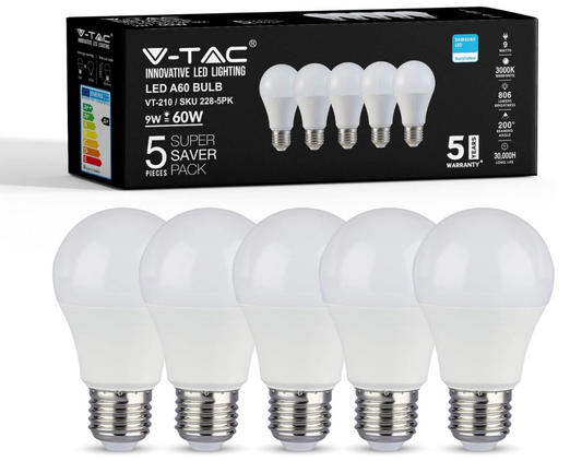V-TAC E27 Screw Bulb | 9W LED Bulbs | Light Bulbs Replaces 60W | E27 LED Bulb Warm White 3000K | Edison Lightbulb | 806 Lumens Light Bulb Screw | Non Dimmable | A60 LED Bulbs Screw Pack of 5