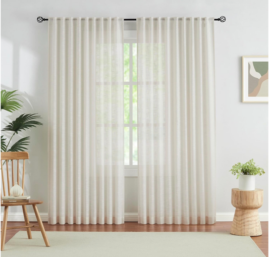 Linen Textured Semi Sheer Curtains for Living Room 90" Long Elegant Solid Natural Light Filtering Window Panel Pair Cross Pattern Privacy Pencil Pleat Voile Draperies for Office Bedroom 52”w 2 Panels