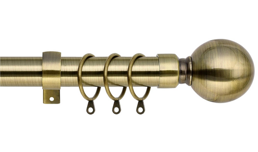 Plain Metal Ball Extendable Curtain Pole. Includes Pair Of Superior 60mm Size Finials, Rings, Brackets & Fittings Set. (Antique Brass, 160cm - 300cm, 63 Inch to 118 Inch)