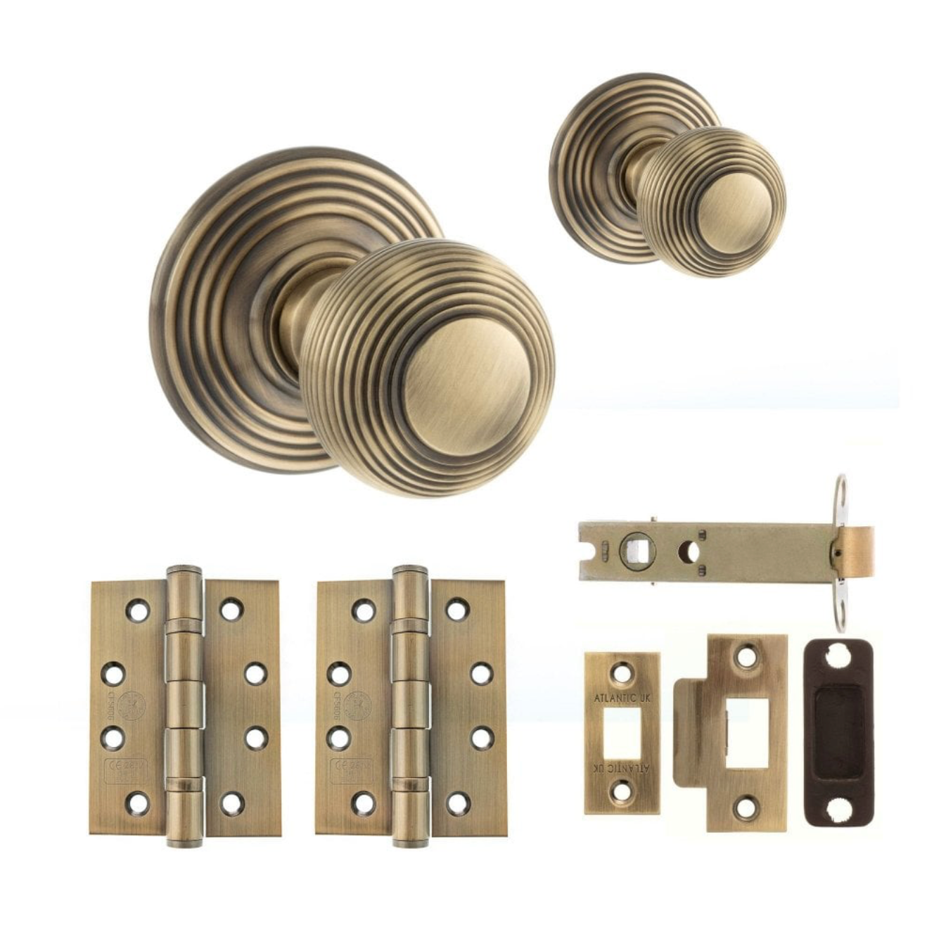 ATLANTIC UK Ripon Round Reeded Mortice CE13 Fire Door Knob Set - Antique Brass