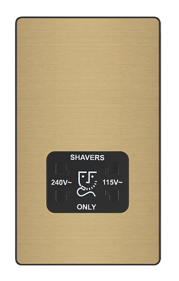 British General Evolve 2-Gang Dual Voltage Shaver Socket 115/240V Satin Brass with Black Inserts
