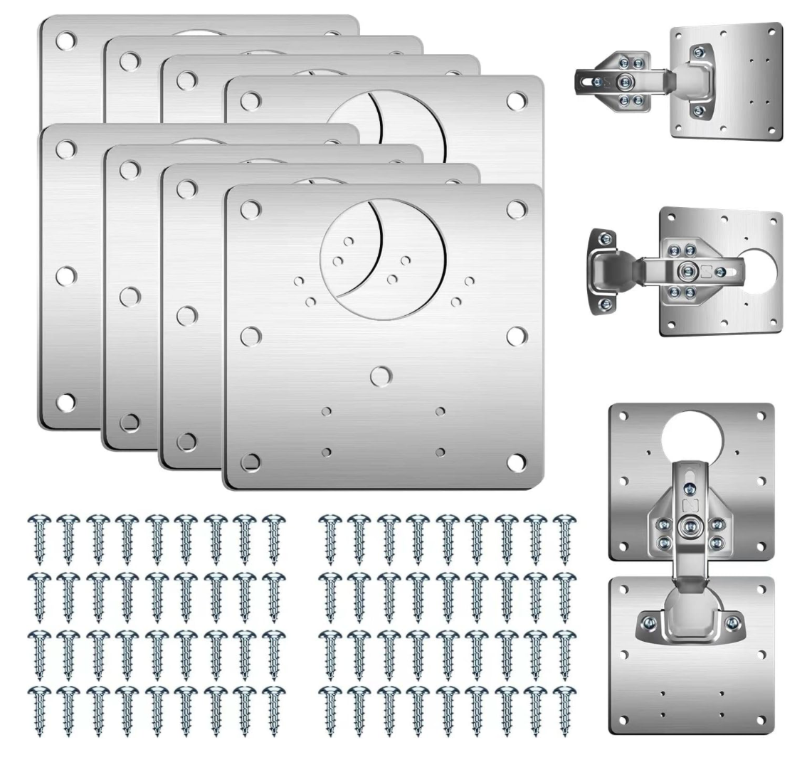 Hinge Repair Plate,8PCS Cabinet Hinge Repair Plate with Customized Screws,Stainless Steel Kitchen Cupboard Door Hinge Repair Brackets with Holes
