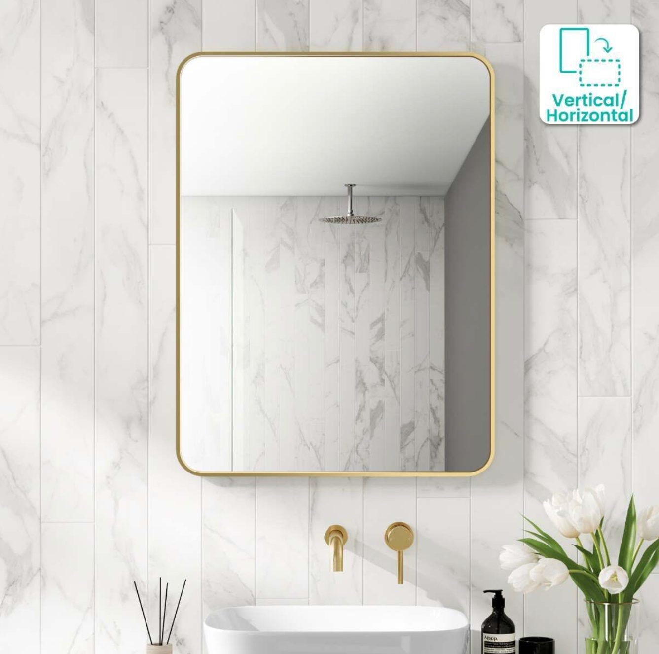Essence Brushed Brass Rectangular Bathroom Mirror 800x600mm