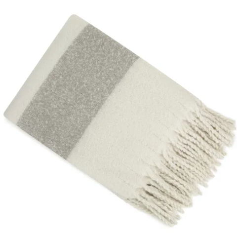 Malini Kalix Grey Throw FAUX MOHAIR STRIPE IVORY/GREY 130 X 170