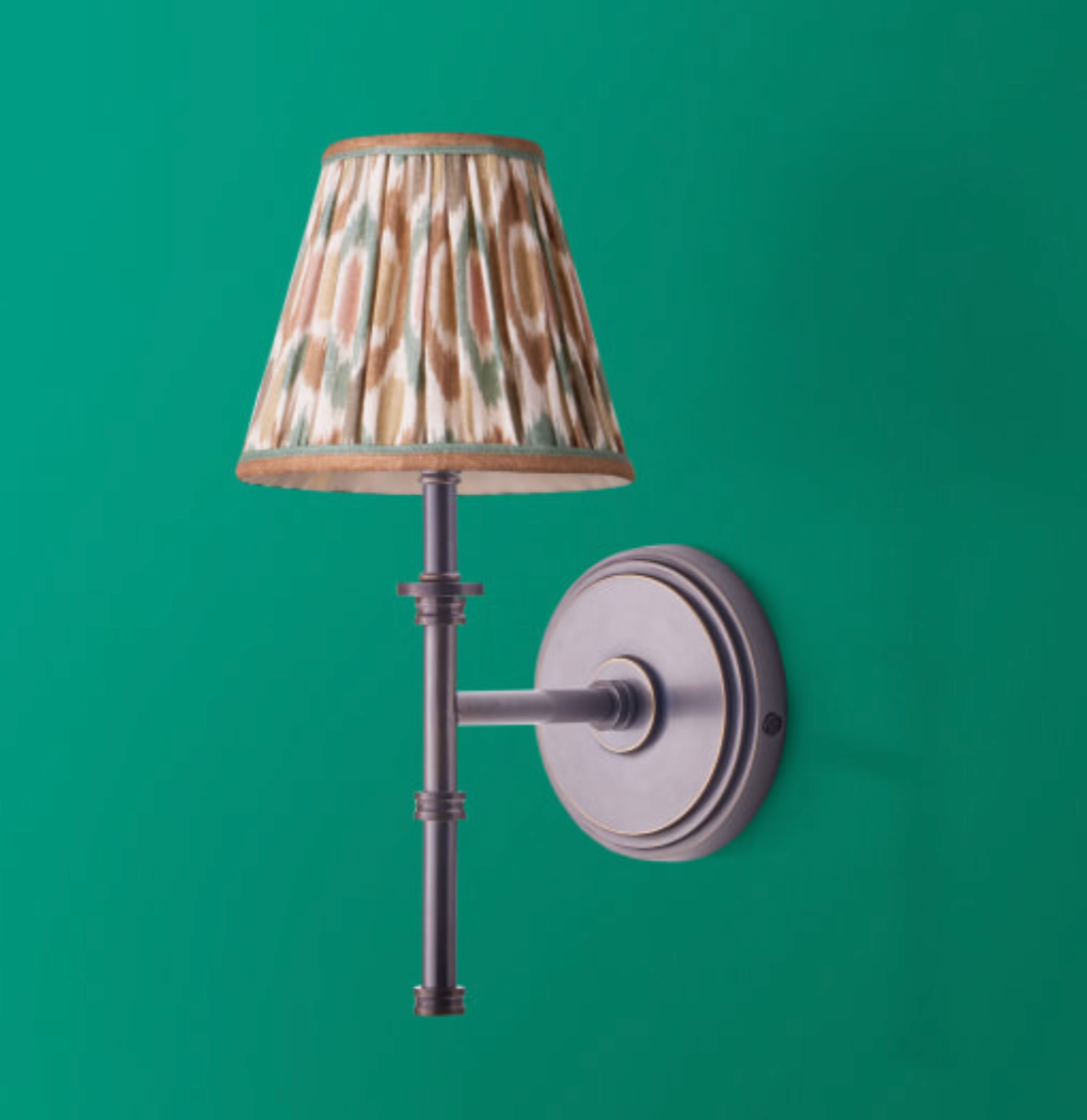 Single Chukka Wall Fitting in Bronze with 16cm empire shade in teal and brown Small Ikat Spot linen by GP & J Baker