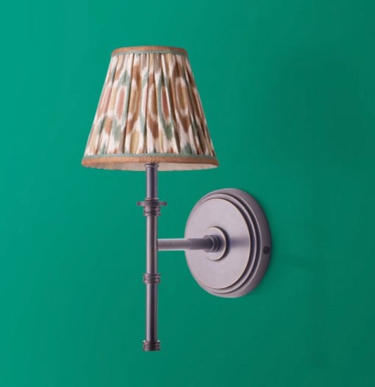 Single Chukka Wall Fitting in Bronze with 16cm empire shade in teal and brown Small Ikat Spot linen by GP & J Baker