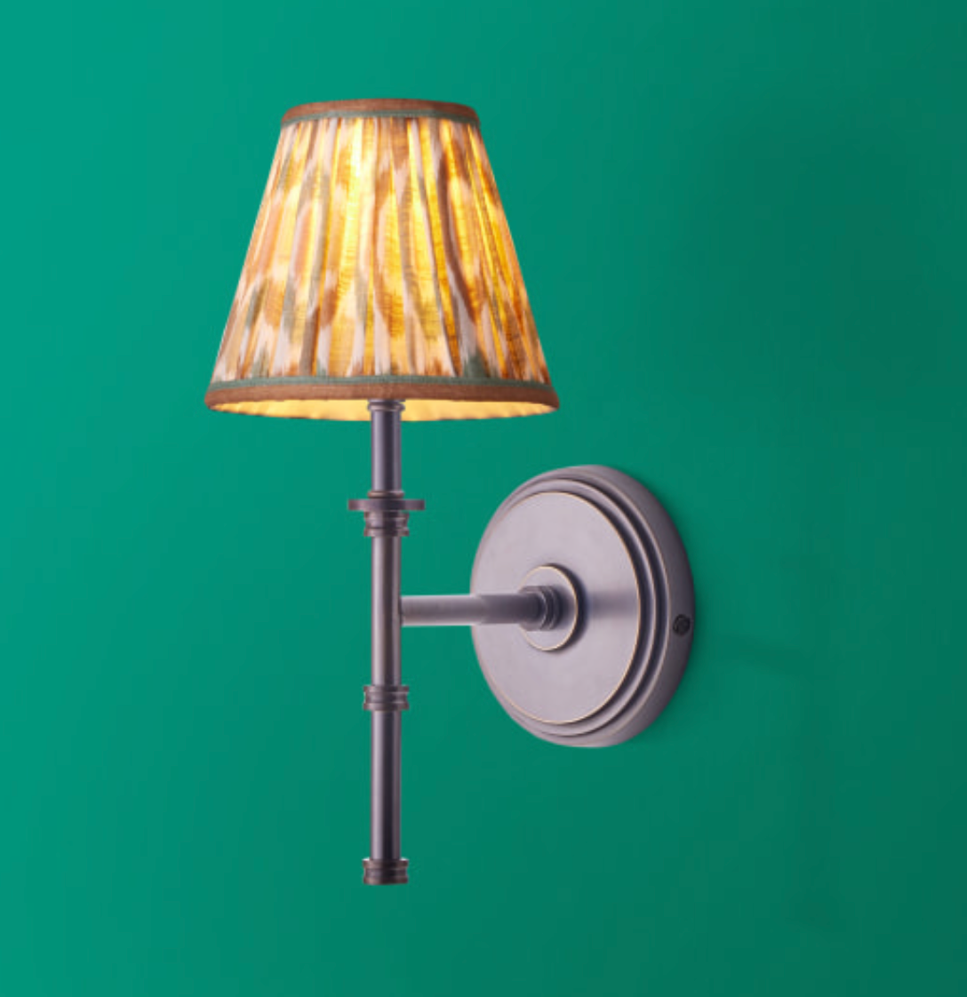 Single Chukka Wall Fitting in Bronze with 16cm empire shade in teal and brown Small Ikat Spot linen by GP & J Baker