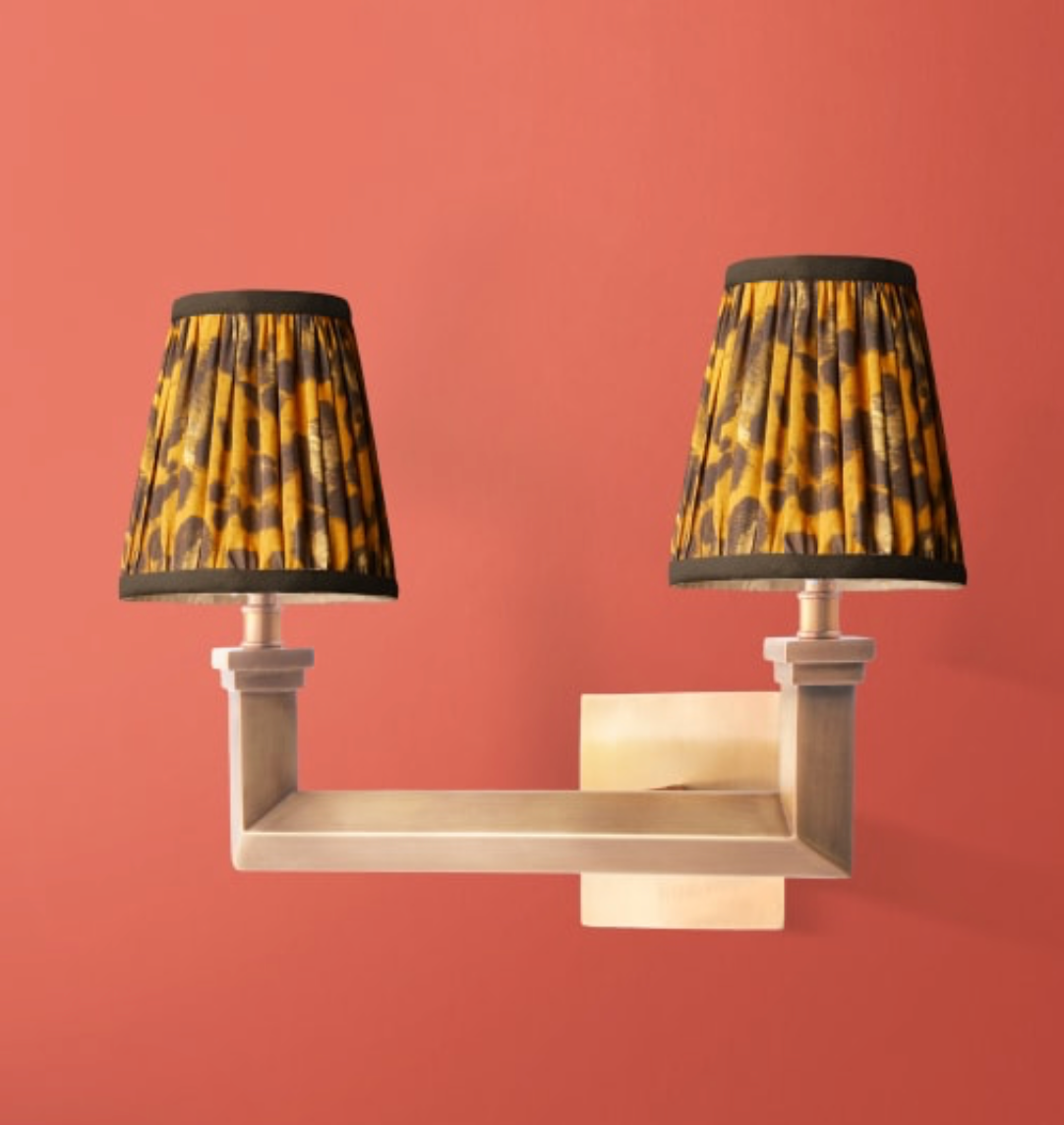 skipwith double wall fitting in antiqued brass with 12cm tall tapered shade with candle clip in classic Leopard Love by Matthew Williamson