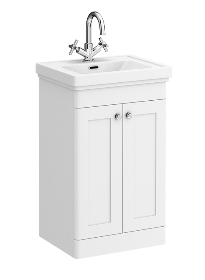Roxbury Traditional 500mm Satin White Vanity Unit - Floor Standing 2 Door Unit with Chrome Handles 1 Tap Hole