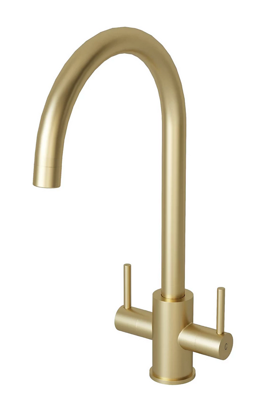 Liquida AD399BR Swan Neck Twin Lever Kitchen Mixer Tap In Brushed Brass